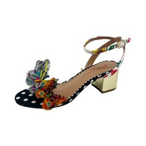 Betsey Johnson Black and Gold Heels with Floral and Butterfly Design